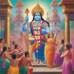 A vibrant and energetic scene depicting devotees chanting 'Jai Shree Ram' in front of a grand statue of Lord Rama