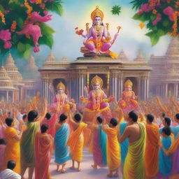 A vibrant and energetic scene depicting devotees chanting 'Jai Shree Ram' in front of a grand statue of Lord Rama