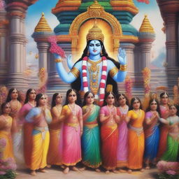 A vibrant and energetic scene depicting devotees chanting 'Jai Shree Ram' in front of a grand statue of Lord Rama