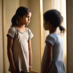 A young girl with a larger body frame stands in front of a mirror, looking at her reflection with a disappointed expression