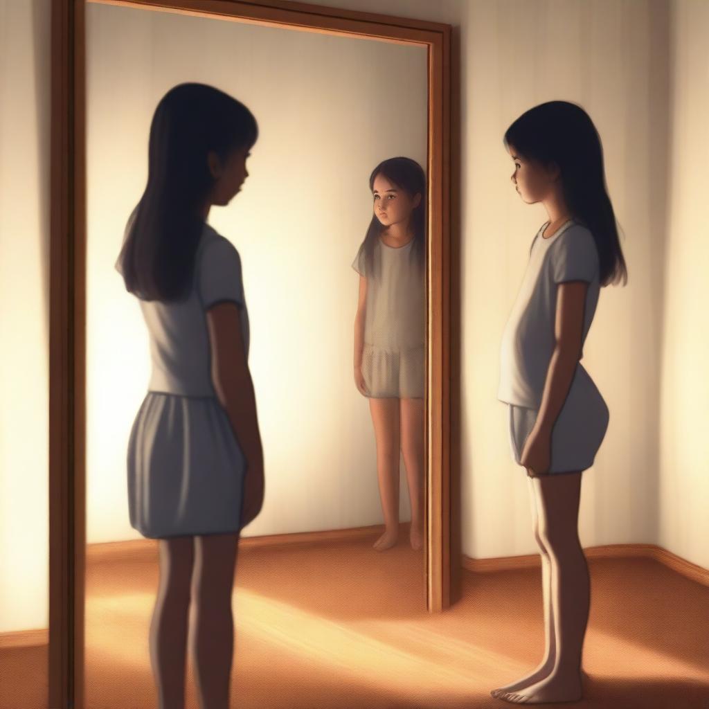 A young girl with a larger body frame stands in front of a mirror, looking at her reflection with a disappointed expression