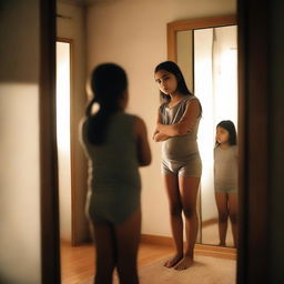 A young girl with a larger body frame stands in front of a mirror, looking at her reflection with a disappointed expression