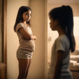 A young girl with a larger body frame stands in front of a mirror, looking at her reflection with a disappointed expression