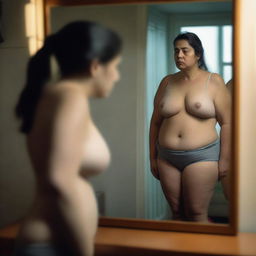 A woman with a larger body frame stands in front of a mirror, looking at her reflection with a disappointed expression