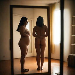 A woman with a larger body frame stands in front of a mirror, looking at her reflection with a disappointed expression