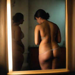 A woman with a larger body frame stands in front of a mirror, looking at her reflection with a disappointed expression