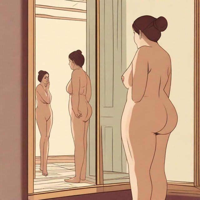 A woman with a larger body frame stands in front of a mirror, looking at her reflection with a disappointed expression