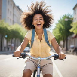 Innocent joyous person leisurely riding a bike on a sunny day with lightheartedness evident in their expression