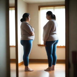 A woman with a larger body frame, dressed in casual clothes, stands in front of a mirror, looking at her reflection with a disappointed expression