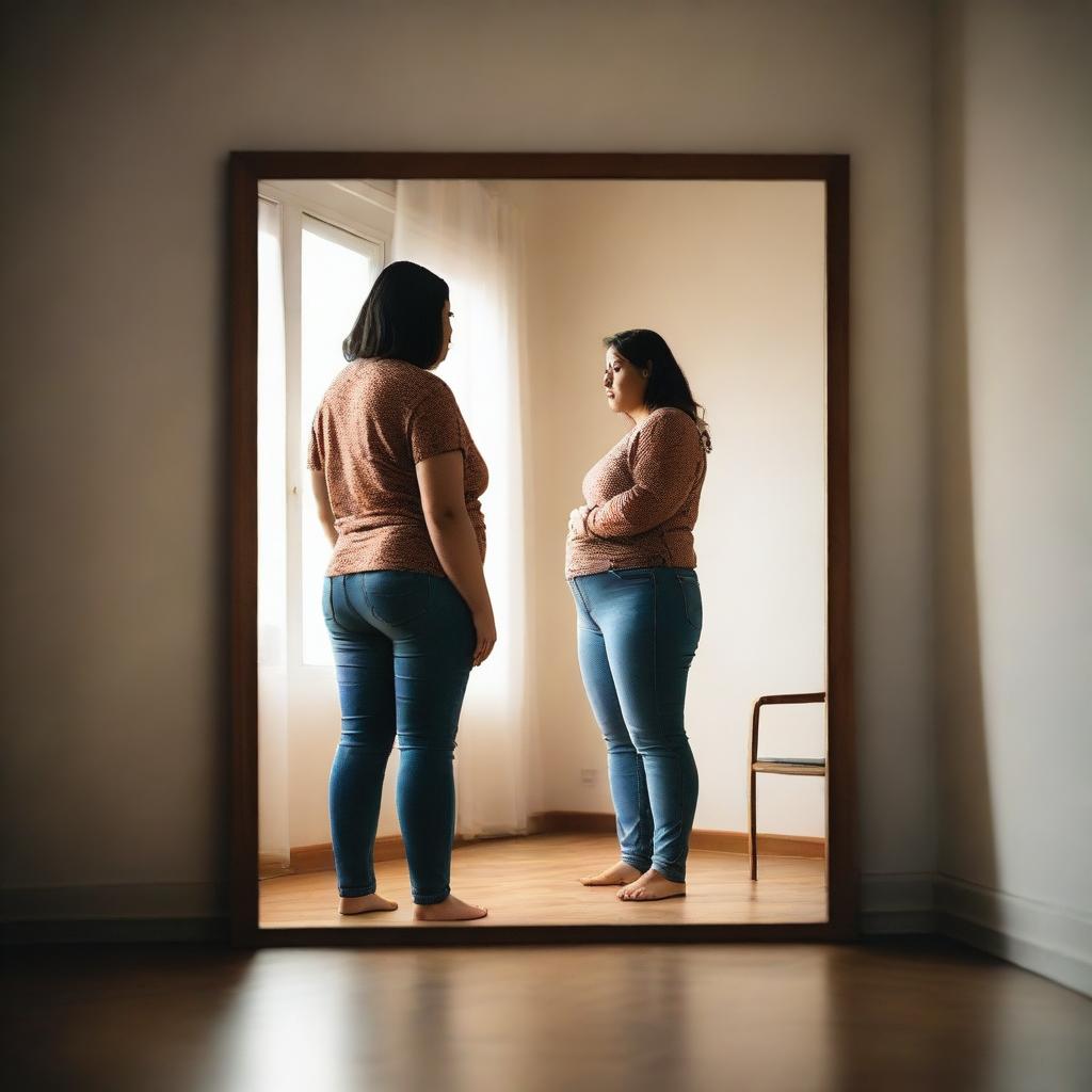 A woman with a larger body frame, dressed in casual clothes, stands in front of a mirror, looking at her reflection with a disappointed expression