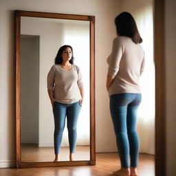 A woman with a larger body frame, dressed in casual clothes, stands in front of a mirror, looking at her reflection with a disappointed expression