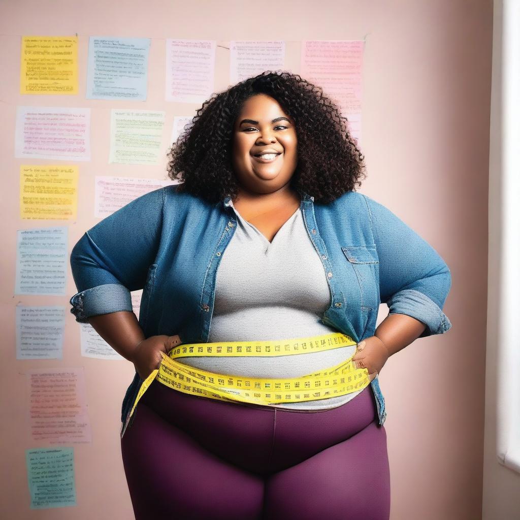 A cheerful, plus-sized woman holding a tape measure around her waist, smiling confidently