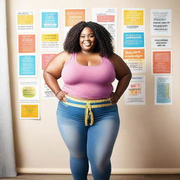 A cheerful, plus-sized woman holding a tape measure around her waist, smiling confidently