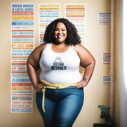 A cheerful, plus-sized woman holding a tape measure around her waist, smiling confidently