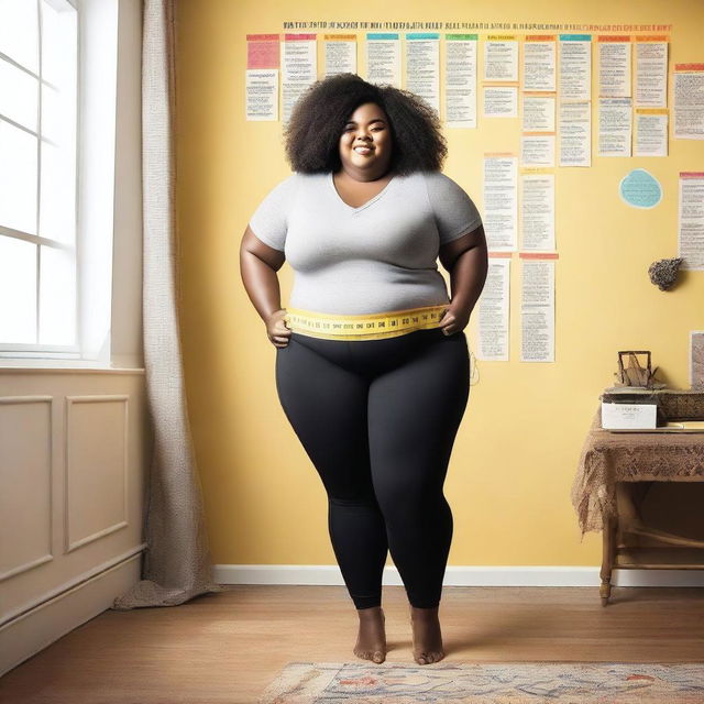 A cheerful, plus-sized woman holding a tape measure around her waist, smiling confidently