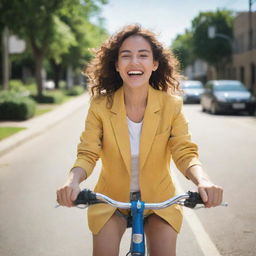 Innocent joyous person leisurely riding a bike on a sunny day with lightheartedness evident in their expression