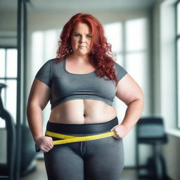 A red-haired, plus-sized woman holding a tape measure around her waist, looking determined