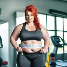 A red-haired, plus-sized woman holding a tape measure around her waist, looking determined