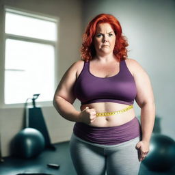 A red-haired, plus-sized woman holding a tape measure around her waist, looking determined