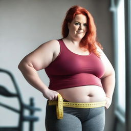 A red-haired, plus-sized woman holding a tape measure around her waist, looking determined