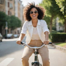 Innocent joyous person leisurely riding a bike on a sunny day with lightheartedness evident in their expression