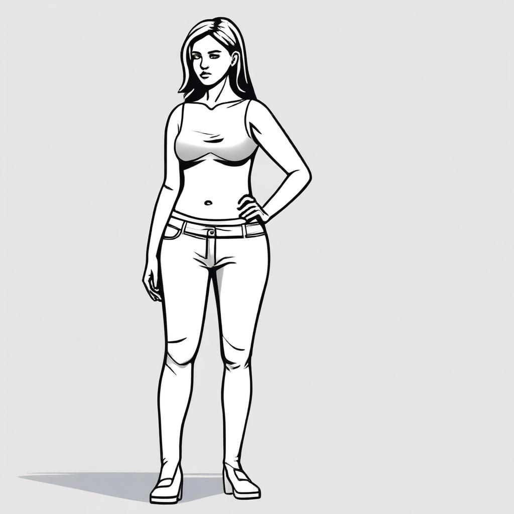 A woman with a noticeably flat hip is standing and looking unhappy