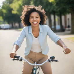 Innocent joyous person leisurely riding a bike on a sunny day with lightheartedness evident in their expression