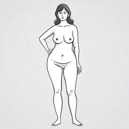 A woman with a noticeably flat hip is standing and looking unhappy