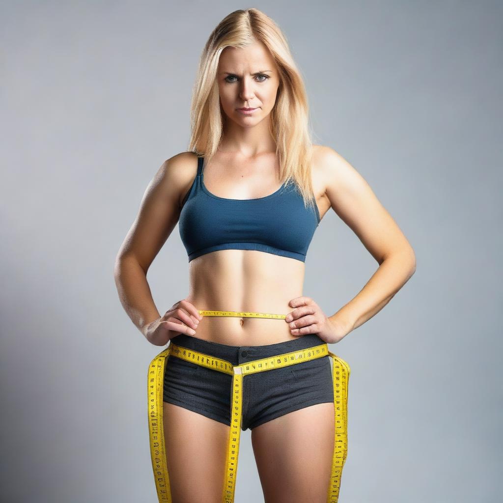 A blonde-haired woman is measuring her hip with a tape measure