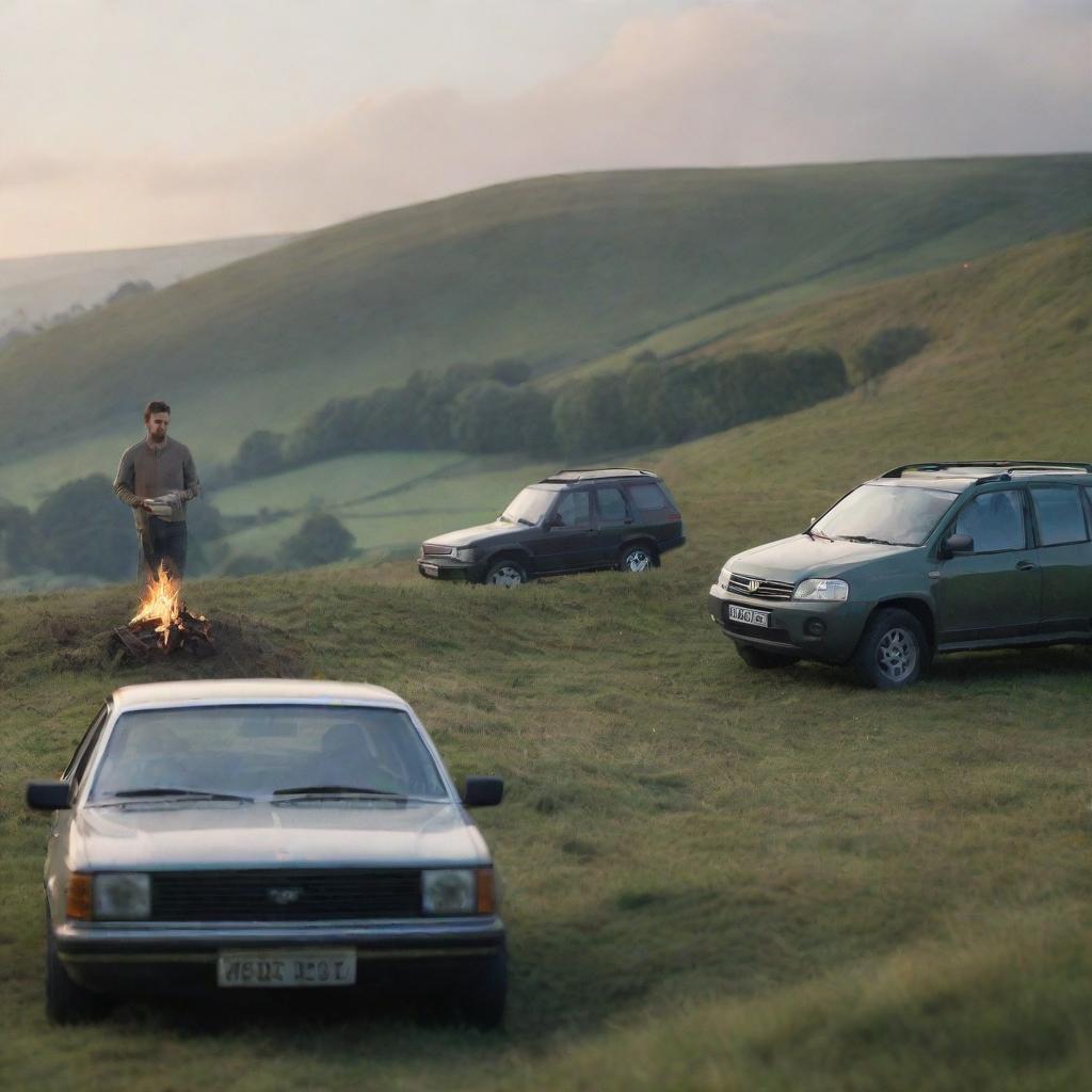 A hyper-realistic image with depth of field, showing a man on a hill next to his car. There's a tent in the background and a bonfire close by. He's holding a coffee mug, the scene is in a lush countryside landscape setting.