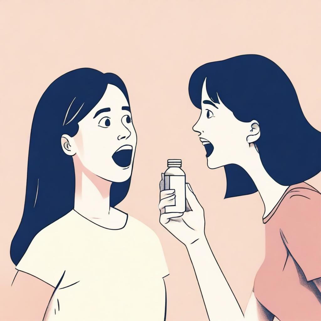 A woman is surprised and happy as a hand reaches out to give her a pill bottle