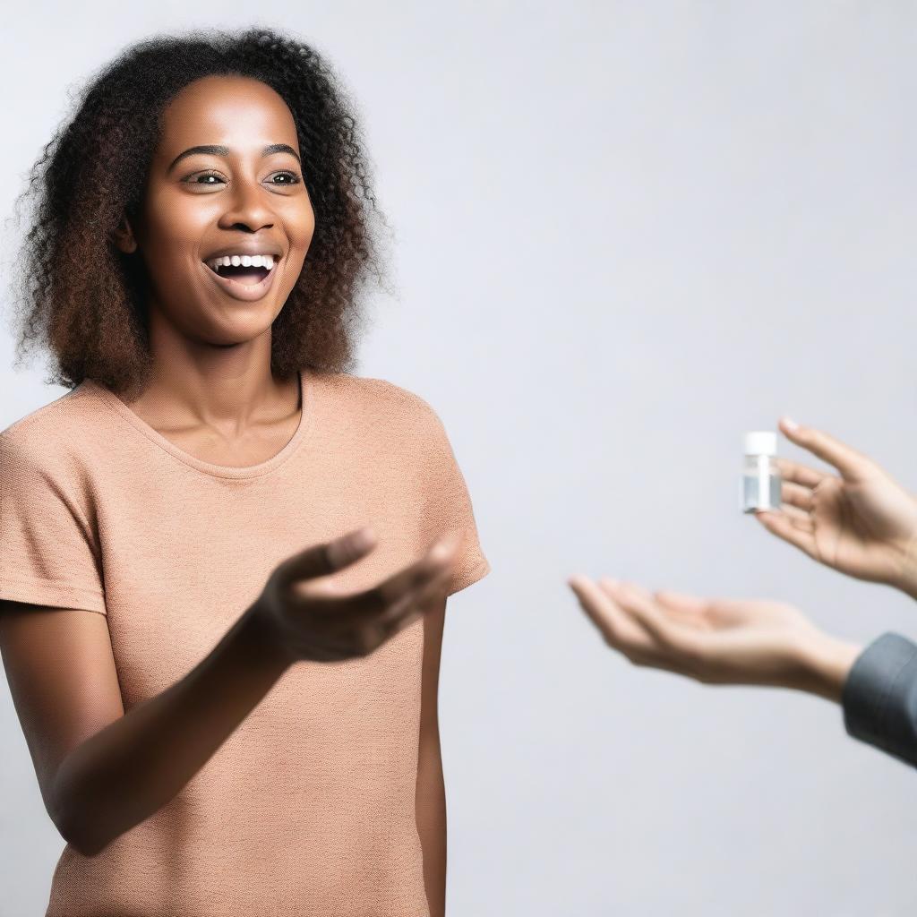 A woman is surprised and happy as a hand reaches out to give her a pill bottle