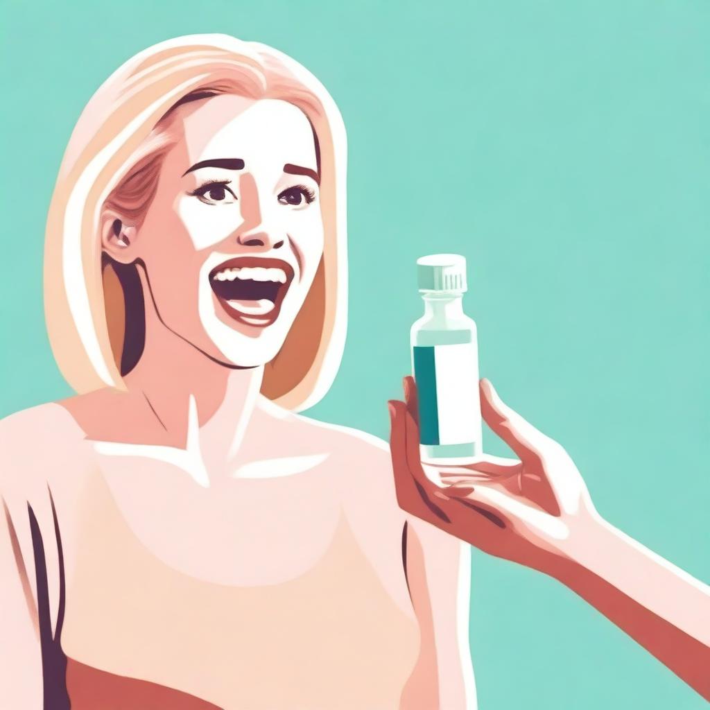 A blonde-haired woman is surprised and happy as a hand reaches out to give her a pill bottle