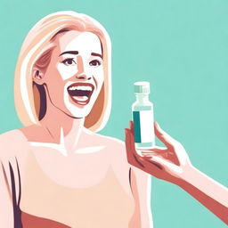 A blonde-haired woman is surprised and happy as a hand reaches out to give her a pill bottle