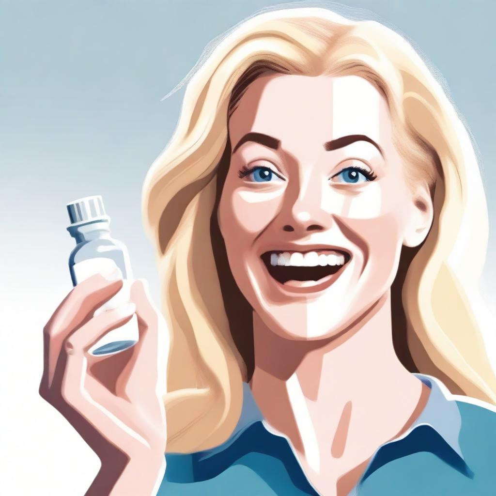 A blonde-haired woman is surprised and happy as a hand reaches out to give her a pill bottle