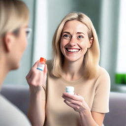 A blonde-haired woman is surprised and happy as a hand reaches out to give her a pill bottle