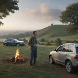 A hyper-realistic image with depth of field, showing a man on a hill next to his car. There's a tent in the background and a bonfire close by. He's holding a coffee mug, the scene is in a lush countryside landscape setting.