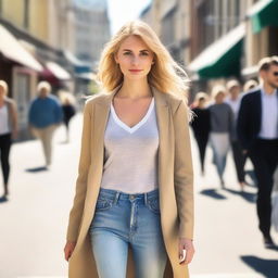 A beautiful blonde-haired woman walking confidently down the street