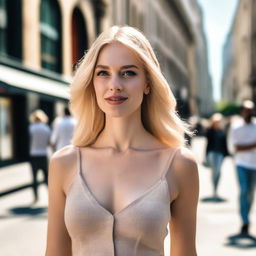 A beautiful blonde-haired woman walking confidently down the street