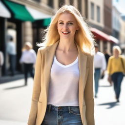 A beautiful blonde-haired woman walking confidently down the street