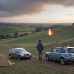 A hyper-realistic image with depth of field, showing a man on a hill next to his car. There's a tent in the background and a bonfire close by. He's holding a coffee mug, the scene is in a lush countryside landscape setting.