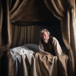 An old, shriveled-looking man rising from his kingly bed with curtains and heavy sheets