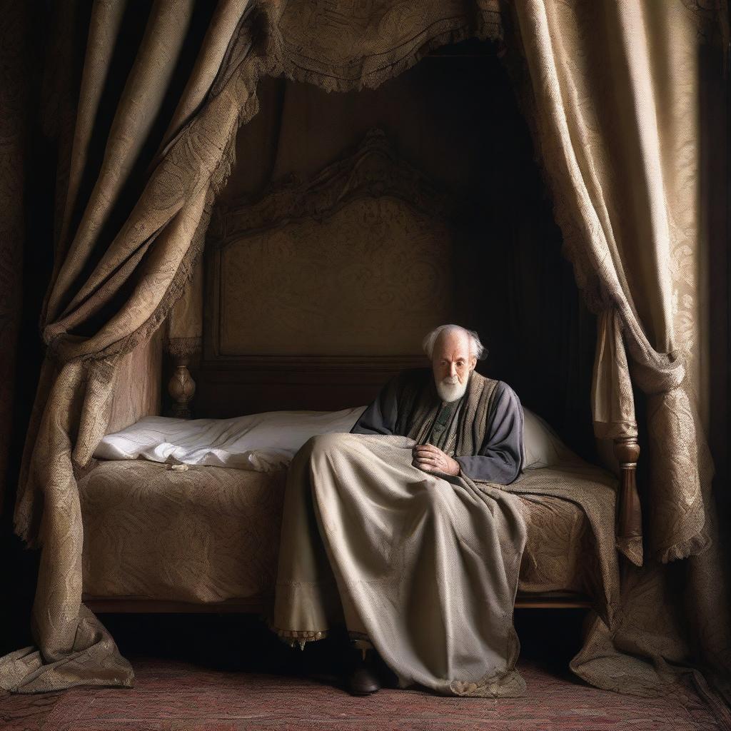 An old, shriveled-looking man rising from his kingly bed with curtains and heavy sheets