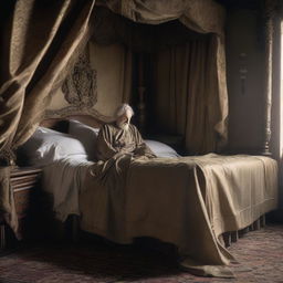 An old, shriveled-looking man rising from his kingly bed with curtains and heavy sheets