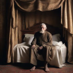 An old, shriveled-looking man rising from his kingly bed with curtains and heavy sheets