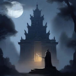 A dark illustration of a lone king with a sword in his hand standing in front of an old temple in a forest