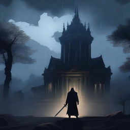 A dark illustration of a lone king with a sword in his hand standing in front of an old temple in a forest