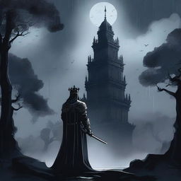 A dark illustration of a lone king with a sword in his hand standing in front of an old temple in a forest