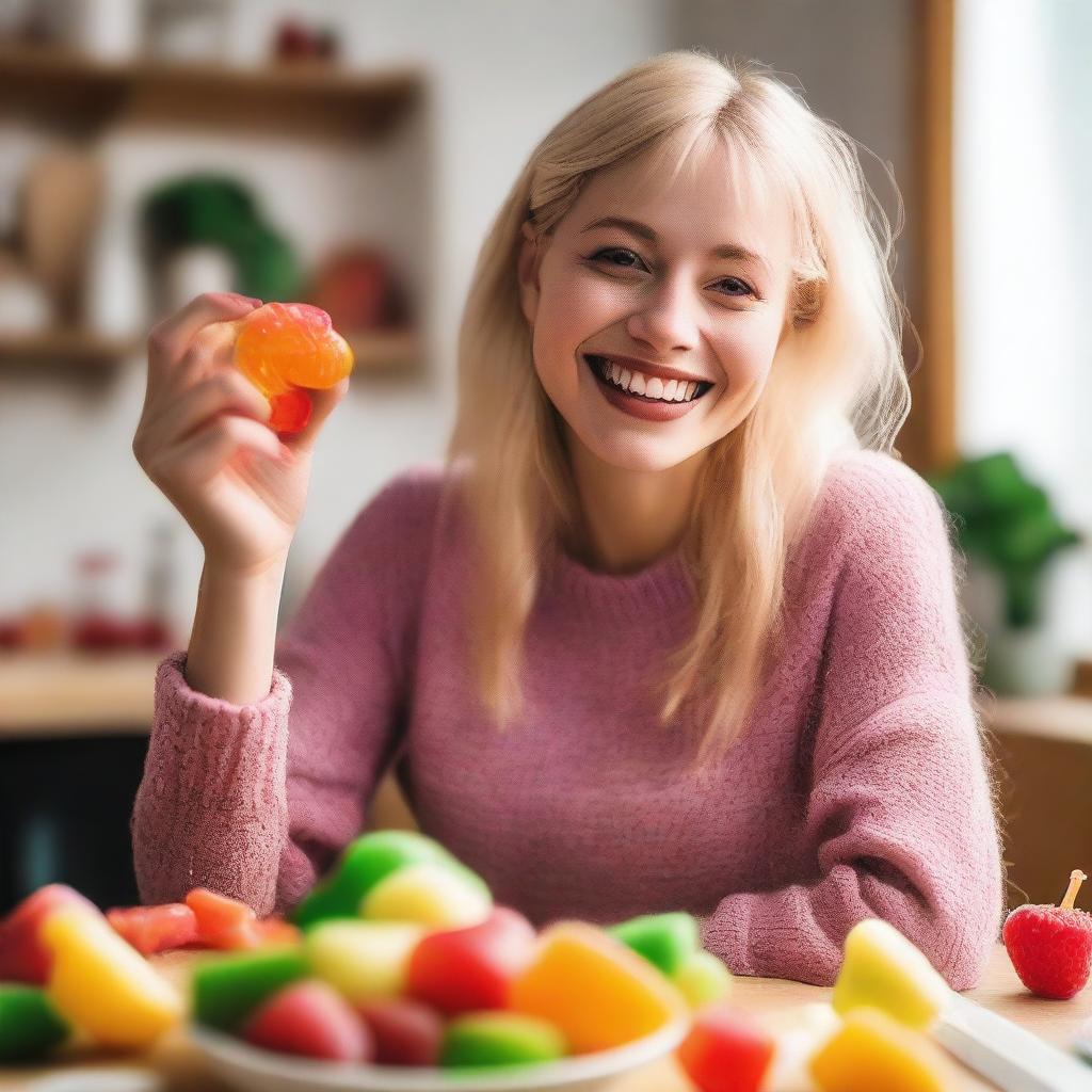 A blonde-haired woman, one hand holding a bottle, and the other hand eating a gummy