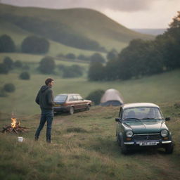 A hyper-realistic image with depth of field, showing a man on a hill next to his car. There's a tent in the background and a bonfire close by. He's holding a coffee mug, the scene is in a lush countryside landscape setting.